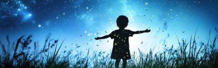 A child stands with arms wide open, radiating light against a breathtaking starry backdrop. Grass sways gently around them as twilight sets in, creating a magical atmosphere.の素材
