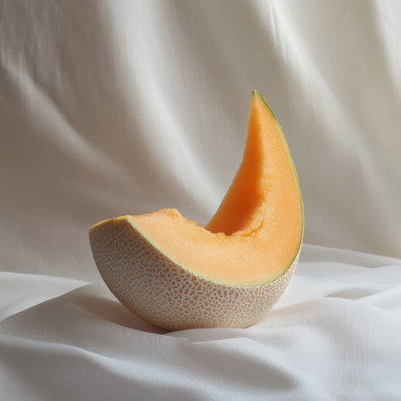 A single juicy cantaloupe wedge is displayed on light fabric, showing its vibrant orange flesh and textured rind. Natural light enhances the freshness of the fruit.の素材