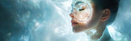A model's face radiates a soft glow, conveying serenity in a mystical atmosphere. The translucent light creates an enchanting effect, enhancing her delicate features.の素材