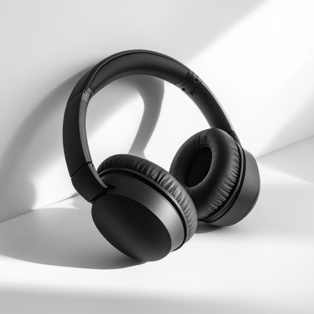 A pair of sleek, black noise-canceling headphones is placed on a minimalist white surface. Soft light highlights the contours, emphasizing their modern design and comfort features.の素材