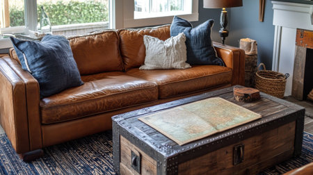 A rustic living room showcases a worn leather couch adorned with blue and white pillows. A wooden coffee table features an antique map, complementing the warm ambiance.の素材