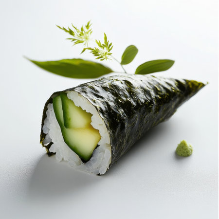 A beautifully crafted sushi roll made with fresh cucumber and seasoned rice, all wrapped in a layer of seaweed. The presentation is elegant and minimalistic.の素材