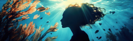 Beneath the surface, a woman glows gently, her silhouette framed by radiant rays of light filtering through water. Colorful fish and underwater plants enhance this serene experience.の素材