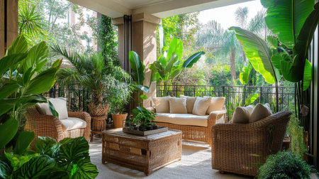 This tropical balcony showcases comfortable rattan seating surrounded by vibrant foliage, perfect for relaxation. Morning light filters through the plants, creating a peaceful atmosphere.の素材