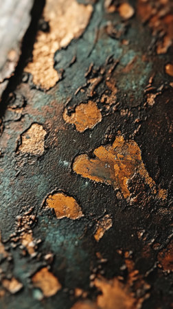 A close-up view reveals a weathered metallic surface marked by warm shades of gold and bronze, highlighting unique textures and patterns formed over time under natural light.の素材