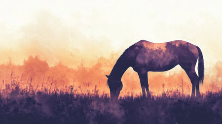 A graceful horse grazes quietly in a meadow as the sun sets, casting a warm golden glow across the landscape. The tranquility of the countryside is reflected in the soft tones.の素材