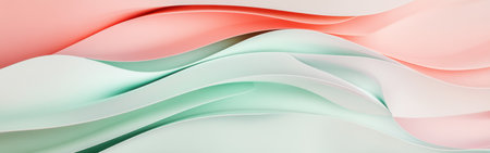 Pastel hues of pink, mint green, and white create an abstract landscape of gentle curves and waves, conveying a sense of fluidity and harmony in the composition.の素材