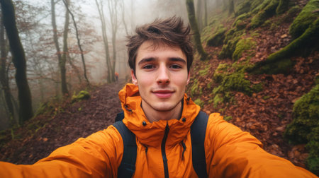 A young man poses for a selfie while hiking through a misty forest. The lush greenery and fallen leaves surround him, highlighting the serene atmosphere of the trail.の素材