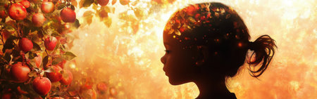 A child's silhouette stands against a dreamy background filled with ripe apples and warm, glowing light. The scene evokes a sense of wonder and completeness in nature.の素材