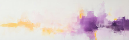 This abstract piece showcases vibrant strokes of purple and yellow against a clean white canvas, creating a lively and energetic atmosphere. The composition evokes a sense of movement and creativity.の素材