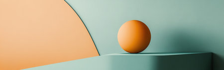 Pastel amber and teal shapes form a calming backdrop, featuring a round object poised on a smooth surface, evoking tranquility and balance in a minimalistic design.の素材