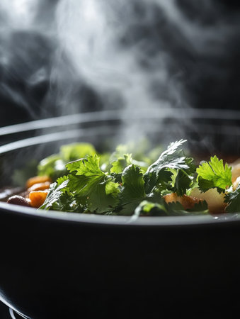 A vibrant pot of chili filled with beans and vegetables simmers, releasing steam into a warm kitchen. Fresh cilantro garnishes the dish, adding a touch of color and flavor.の素材