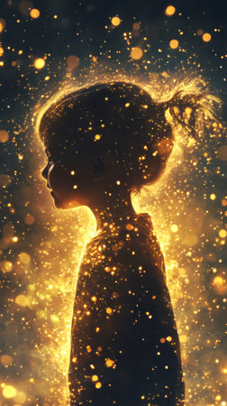 A child stands in profile, enveloped in a warm glow surrounded by sparkling particles. This enchanting moment captures the essence of innocence and imagination, creating a magical atmosphere.の素材
