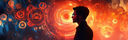 An engineer stands silhouetted against a fiery backdrop filled with glowing gears and swirling patterns, representing innovative technology and creativity during a dynamic evening.の素材