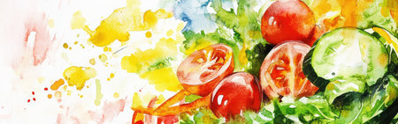 Colorful watercolor artwork features a close-up of ripe tomatoes and leafy greens, set against a lively, splashy background. This composition showcases the beauty of fresh produce.の素材