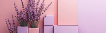 Soft pastel color blocks in lavender and pink complement fresh lavender stems displayed in stylish vases. This serene arrangement captures a tranquil and harmonious atmosphere.の素材