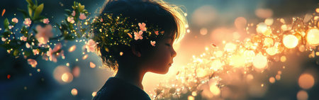 In a dreamy atmosphere, a child radiates a soft glow, surrounded by delicate flowers and shimmering lights, capturing a moment of wonder during twilight.の素材