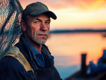 A rugged fisherman stands by the dock, looking thoughtfully towards the water. The sunset casts a warm glow on his face, reflecting years of dedication to his craft.の素材