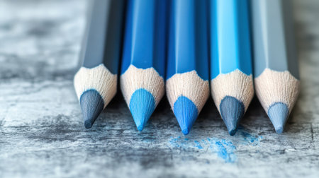Elegant pencil strokes in various shades of blue blend seamlessly on a textured surface, showing the beauty of artistic techniques in a quiet workspace environment.の素材
