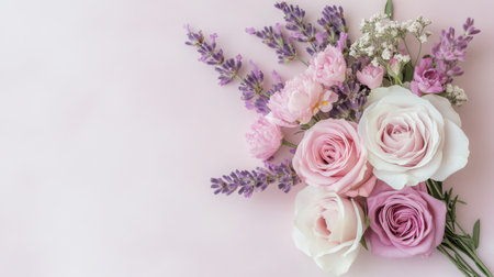A beautiful arrangement of pastel pink roses, white roses, and lavender flowers is tastefully displayed against a soft pink backdrop, perfect for adding elegance to any setting.の素材
