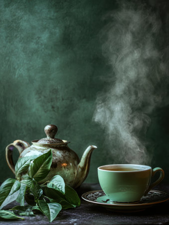 A steaming cup of green tea sits next to an intricately designed silver teapot, surrounded by vibrant green leaves. The calming atmosphere invites relaxation and tranquility.の素材