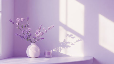 A delicate lavender bouquet sits in a white vase on a minimalist table, casting soft shadows as sunlight filters through the window, creating a calm and tranquil atmosphere.の素材