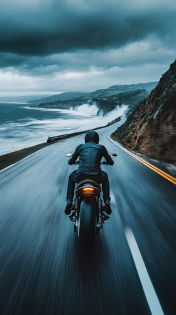 A rider on a motorcycle speeds along a winding coastal road, facing rugged cliffs and crashing waves. Dark clouds loom overhead, creating an adventurous atmosphere.の素材