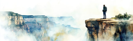 A lone figure stands on a cliff edge, gazing out over a mist-covered canyon. Soft watercolor hues blend to create a tranquil backdrop that captures the majesty of nature.の素材
