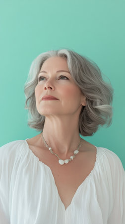 A woman with gray hair looks thoughtfully upwards, showing her graceful features and natural accessories. The soft teal backdrop enhances her calm presence in a minimalist setting.の素材