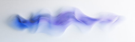 A white minimalist background showcases fluid lines in varying shades of purple, creating a serene and dynamic effect. The design evokes a sense of movement and harmony, inviting reflection.の素材