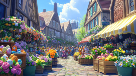 Colorful stalls brim with flowers and festive decorations as families enjoy the lively Easter market. Laughter and excitement fill the air in this charming town square.の素材
