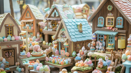 The Easter village market buzzes with excitement as visitors admire intricately designed houses adorned with vibrant eggs. Families explore various stalls showcasing delightful treats and crafts.の素材