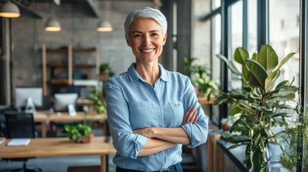 In a modern workspace, a confident individual with short gray hair smiles while crossing arms. Large windows bring in daylight, illuminating the stylish surroundings and greenery.の素材