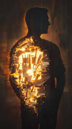 A father's silhouette stands prominent against a backdrop, with warm light radiating from an abstract arrangement of shapes. The image conveys protection and love.の素材