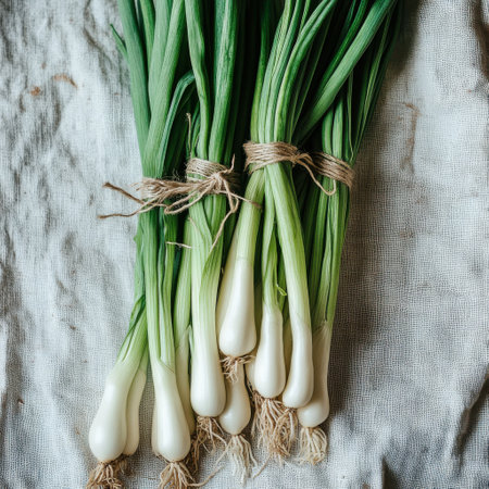 A bunch of freshly picked green scallions is neatly tied with twine, showing their crisp green tops and white bulbs. Perfect for adding flavor to meals in a rustic kitchen environment.の素材