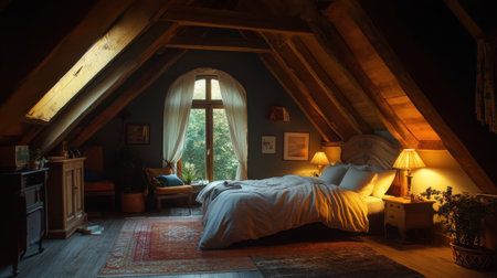 This inviting bedroom features high vaulted ceilings and wooden beams, creating a warm and tranquil space. Gentle light spills in from windows, enhancing the peaceful vibe.の素材