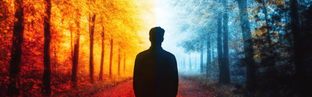 In a serene moment, a man stands at the intersection of two glowing forests, one warm with orange hues and the other cool with blue tones, symbolizing contrasting emotions and choices.の素材