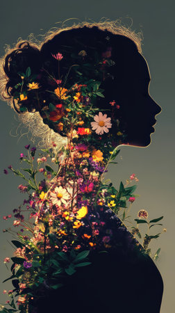 A woman's silhouette is filled with various colorful flowers, creating a harmonious blend of nature and femininity. This artistic representation captures the essence of beauty and tranquility.の素材