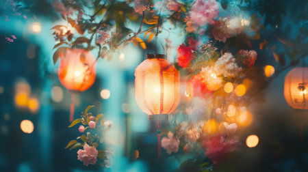Bright lanterns radiate warmth as they hang among blooming flowers at dusk, creating a magical atmosphere for the evening festivities. The scene invites wonder and delight.の素材