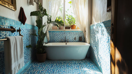 This inviting bathroom showcases a bright blue-and-white design with a freestanding tub, potted plants, and an abundance of natural light filtering through the curtains.の素材