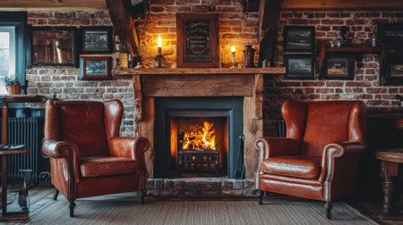 Two leather armchairs flank a warm fireplace in a rustic living room. The wooden beam adds character, while the flickering flames invite comfort and conversation in this cozy space.の素材