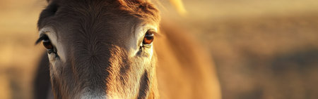 A detailed view of a donkey's face highlights its expressive eyes and textured fur. The warm glow of sunset creates a serene atmosphere in a rural setting.の素材