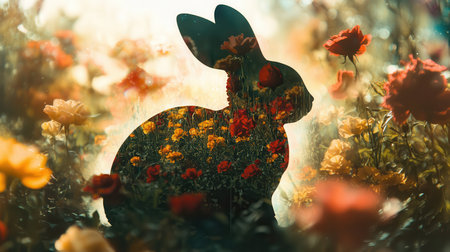 A colorful double exposure captures a glowing Easter bunny surrounded by blooming flowers in a sunny garden. The vibrant petals create a magical spring atmosphere.の素材