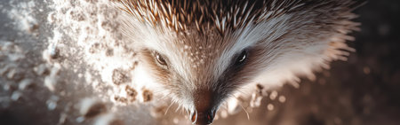 This macro shot highlights the intricate details of a hedgehog's face, showing its prickly spines, curious eyes, and snout. Natural light emphasizes its textures and colors.の素材