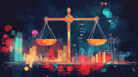 Illuminated balance scales float above a colorful urban background, representing justice and fairness.の素材