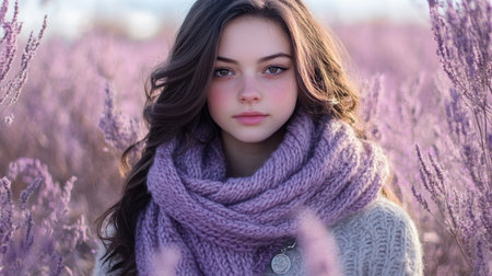 A young woman wears a soft purple infinity scarf and a knitted sweater while standing in a lavender field during spring. The flowers are in full bloom, creating a serene atmosphere.の素材