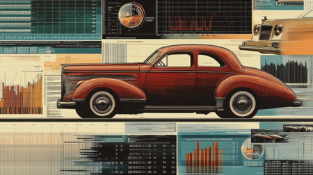 A vintage automobile is harmoniously positioned against a backdrop of digital data patterns and graphs, illustrating its importance in automotive history and design evolution.の素材