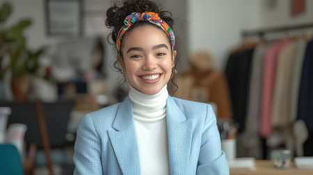 A joyful young woman with curly hair sits at her desk, wearing a stylish blazer and a colorful headband. She smiles brightly while engaged in her work, surrounded by creative materials.の素材