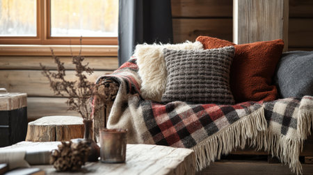 A rustic living room showcases a comfortable sofa adorned with a plaid throw, complemented by textured pillows and wooden accents.の素材