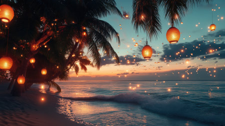 Relaxing beach party showcases beautiful lanterns hanging from trees, shimmering waves lapping the shore, and a stunning sunset creating a tranquil atmosphere.の素材